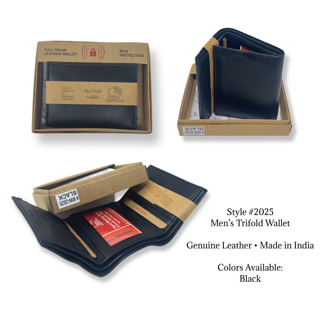 2025 Men’s TriFold Wallet Black (Genuine Leather)(12PCS for 38